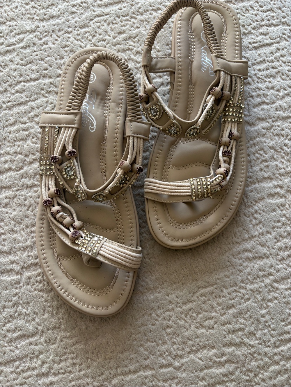 Beige Embellished Women's Sandals with Elastic Back Strap
